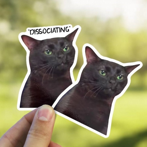 Adesivo dissociativo, meme de gato preto zoneando, adesivo dissociativo, decalque de saúde mental
