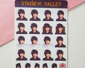 Könnte beinhalten: Ein Stickerbogen mit Pixelkunst eines Charakters aus Stardew Valley. Der Bogen enthält verschiedene Posen und Ausdrücke des Charakters, mit dem Titel des Spiels oben. Der Hintergrund ist hellrosa.