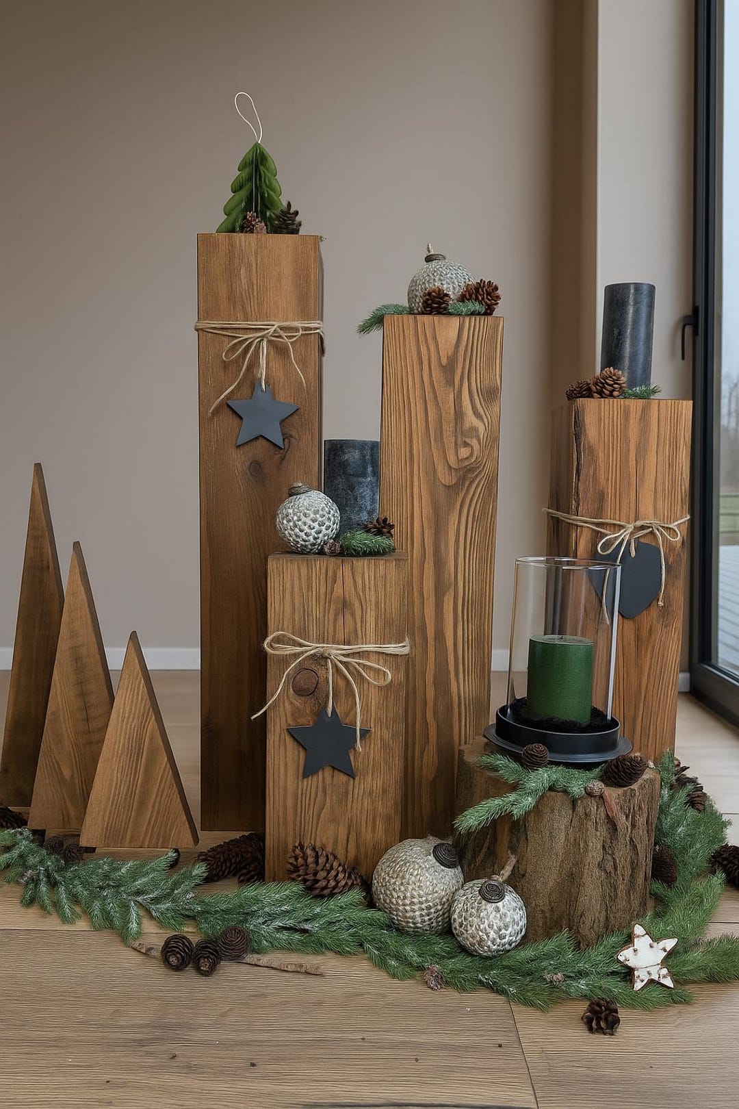 Dekosäulen aus Holz, Rustikale Holzsäule ca.16x16 cm, Massivholz Deko für Wohnzimmer