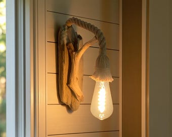 Rustic Driftwood Wall Sconce, Handmade Baltic Rope Hanging Lamp