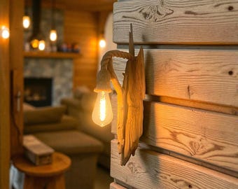 Handmade Rustic Driftwood Wall Lamp with Rope Accent