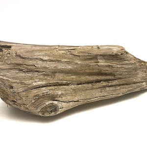 Peut inclure: Un morceau de bois flotté vieilli avec un aspect naturel et rustique. Le bois est brun clair avec une patine grise et une surface rugueuse et texturée.