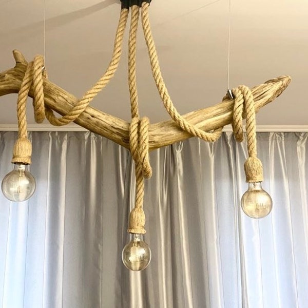 Suspension en bois flotté 92 cm, éclairage côtier, élégant lustre suspendu en corde, plafonnier bohème