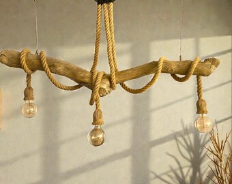 Driftwood pendant light, Coastal lighting, Elegant rope hanging chandelier, Boho ceiling lamp.