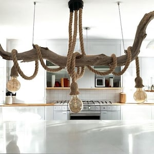 Driftwood Pendant Light: Coastal Hanging Rope Chandelier, Boho Ceiling Lighting
