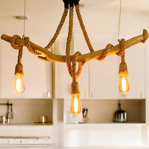 Driftwood Pendant Light: Rustic Rope Chandelier, Coastal Boho Lamp