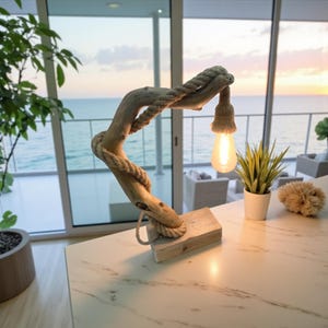 Unique Handmade Driftwood Table Lamp with Rope - Baltic Coast Decor