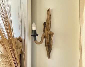 Handmade Driftwood Wall Lamp with Jute Rope: Rustic Lighting