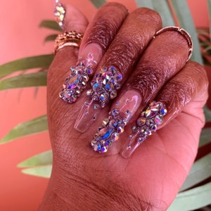 Rainbow Bling Rhinestone Clear Press-on Nails Full Set Y2K Nails Nail Art  Bling Sparkly Nails Y2K 90's Accessories Stick on Earrings 