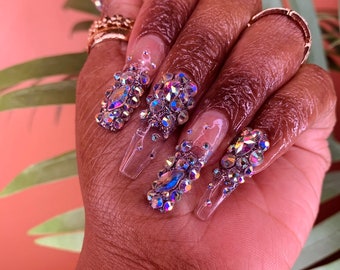 Talk to Me Nice| Press on Nails| Swarovski Press on| Sculpted Coffin Nails| Clear Press Ons| Rhinestone Nails| Swarovski Nails| Nail art