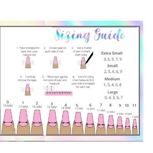 May include: A sizing guide for press-on nails with a chart showing different nail sizes in millimeters. The chart includes sizes for extra small, small, medium, and large nails.