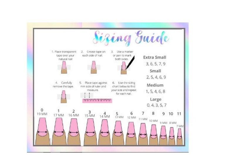 May include: A sizing guide for press-on nails with a chart showing different nail sizes in millimeters. The chart includes sizes for extra small, small, medium, and large nails.