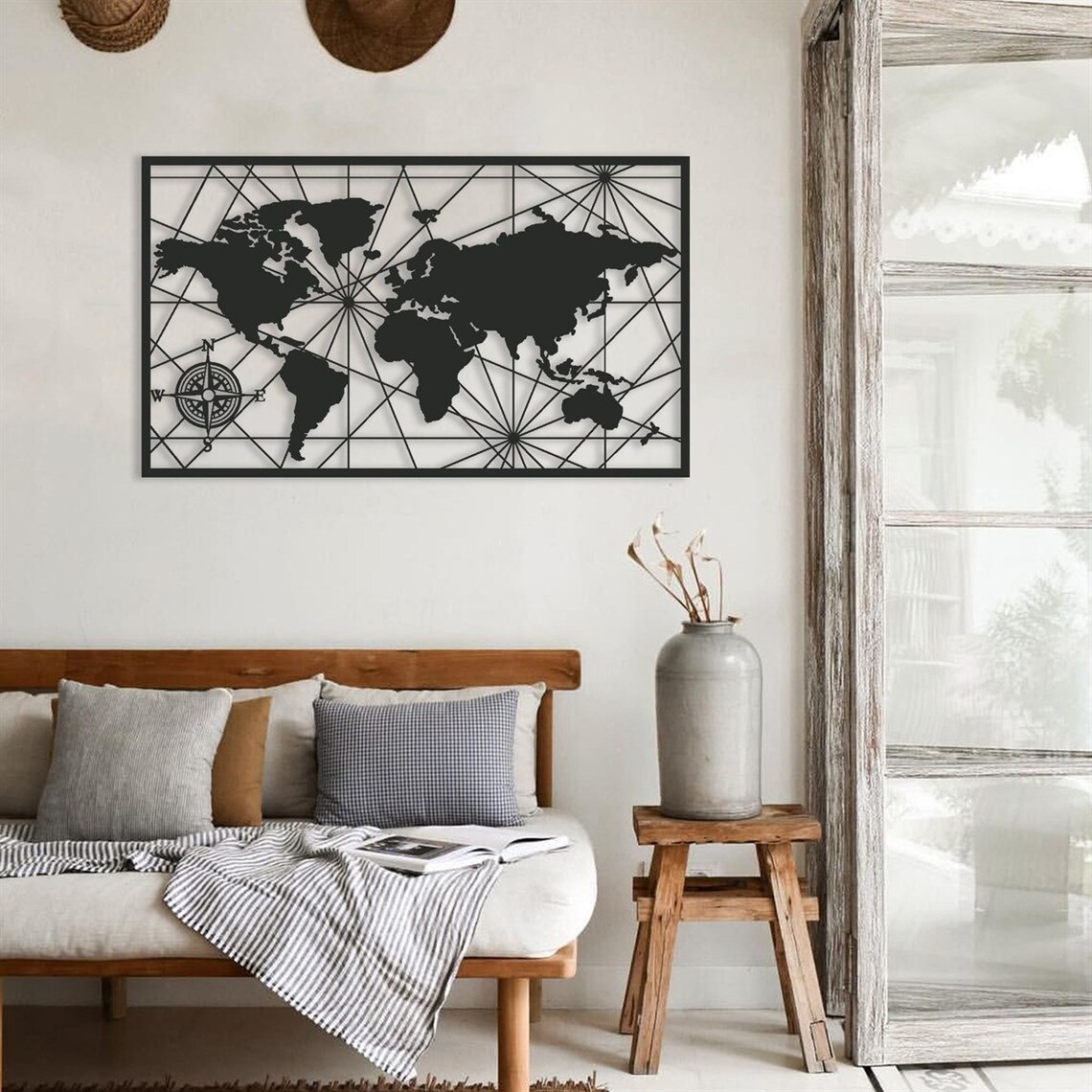 World Map Metal Wall Art Framed Map Wall Decor Metal World Etsy