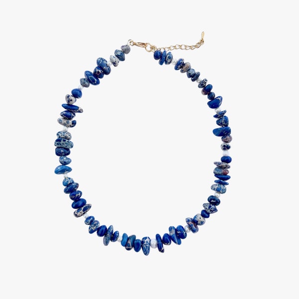 NEW ARRIVAL - Cobalt Sea Blue Howlite Gemstone, White Freshwater Pearl Beaded Cool Fashion Summer Beach Style Collar Statement Gift Necklace