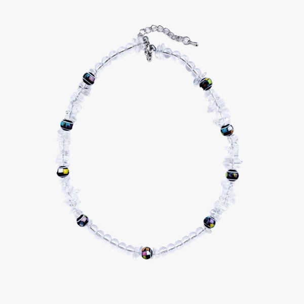 NEW ARRIVAL - Round And Irregular Chip Shaped Clear Quartz Crystal Bold Multi-Colour Beaded Gemstone Fun Cool Fashion Collar Gift Necklace