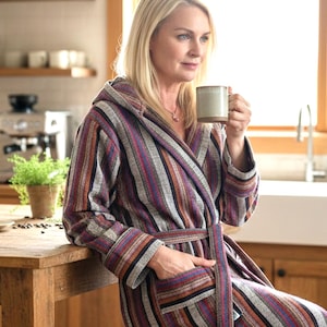 Hooded Turkish Cotton Bathrobe, Lightweight Handwoven Striped Robe for Men & Women