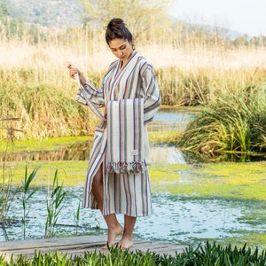 Handmade Striped Cotton Bathrobe and Towel Set