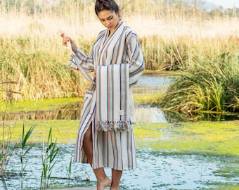 Handmade Striped Cotton Bathrobe and Towel Set
