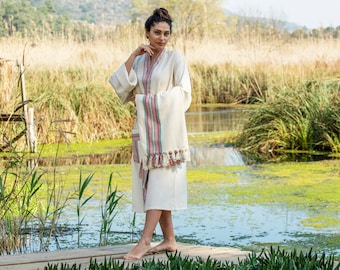 Handwoven Turkish Cotton Bathrobe with Striped Accents – Lightweight, Natural, and Luxurious, Gifts