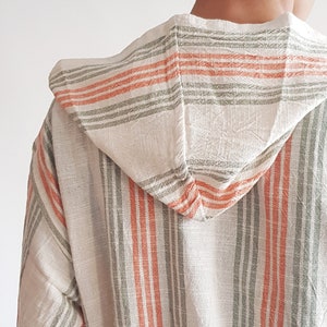 Orange Striped Hooded Cotton Bathrobe, Unisex Robe with Hood, Elegant Cozy Gift For Him&Her, Absorbent Cotton Robe