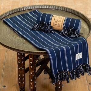Blue Striped Turkish Towel: Handwoven Cotton Boho Beach Spa Towel
