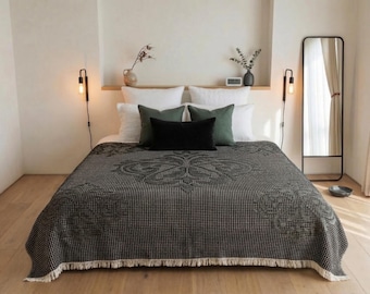 Black Waffle Blanket, Turkish Cotton Bedspread, King Size Blanket, Lightweight Breathable All Season Bedding