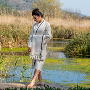 Striped Turkish Cotton Bathrobe: Lightweight Unisex Spa Robe