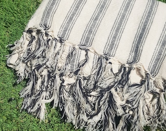Black Striped Turkish Cotton Towel: Handwoven Fouta Throw