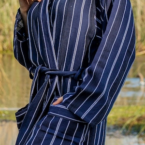 Navy Striped Turkish Cotton Robe – Lightweight Bathrobe with Matching Towel – Unisex Spa Loungewear