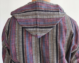 Handwoven Cotton Hooded Bathrobe: Boho Striped Spa Robe