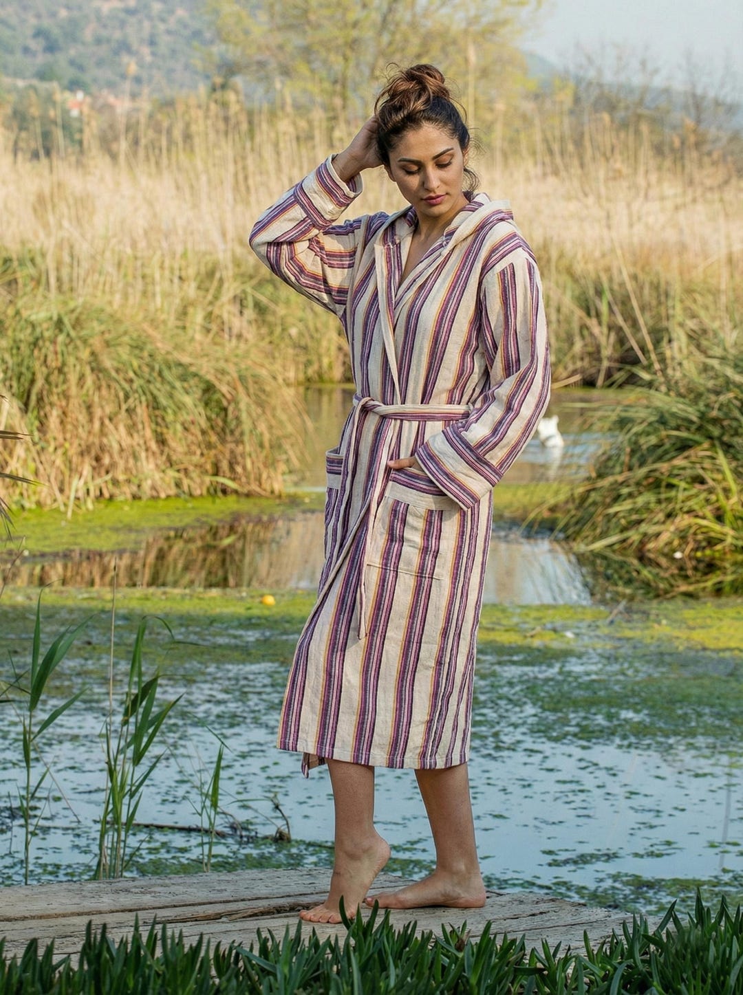 Striped Bathrobe With Hood – Lightweight Bathrobe – Soft Breathable ...