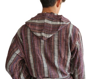 Hooded Turkish Cotton Bathrobe – Boho Striped Robe