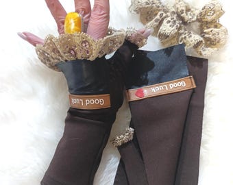 Black Gothic Frilled Fingerless Gloves, Elastic ECO Leather Driving Style