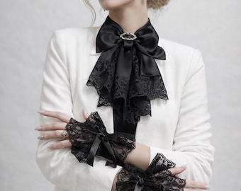 Conjunto de puños y jabot de encaje, puños de muñeca con volantes de encaje: mangas falsas de encaje gótico, guantes sin dedos con puños con volantes, guantes de verano, guantes de conducir