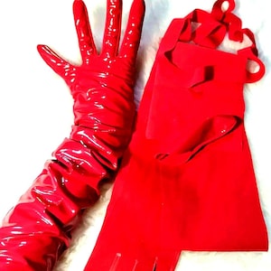 Red Opera Gloves: Long Lycra Stretch Faux Leather Evening Gloves