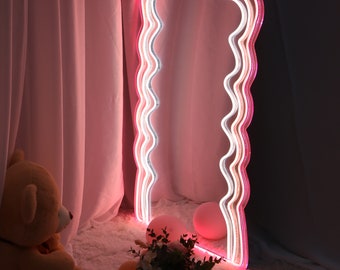 Neon Wavy Mirror Light, Neon Sign Bedroom Wall Decor, Glowing Mirror Led Neon Sign, Led Neon Sign, Retro Neon Mirror,Handmade Gift For Her