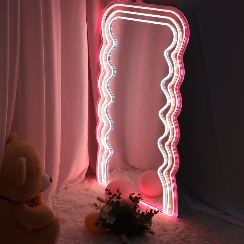 Neon Wavy Mirror Light Neon Sign Bedroom Wall Decor Glowing Etsy