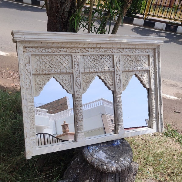 Ethnic vintage style carved triple arch mirror frame/handmade mirror frame/rustic frame/arch jharokha/wooden mirror frame/handcarved frame.
