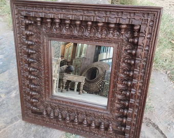 Marco de espejo de pared de madera tallada: estilo vintage indio, 60 x 60 cm