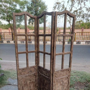 Ethnic vintage style wood & glass partition/carving partition/antique finished/wooden partition/glass panels/room partition/room divider.