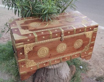 wooden trunk box with brass work and natural finished/ home decor/storage box/wooden coffee table/metal work storage box/wood box/chest box