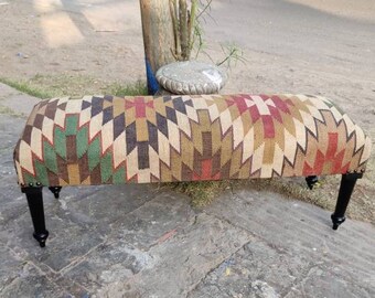 Handmade wooden seater with artistic design kilim rug/day bed /cotton rug seater/Wooden rajasthani bench/ bed front bench/wooden rug bench