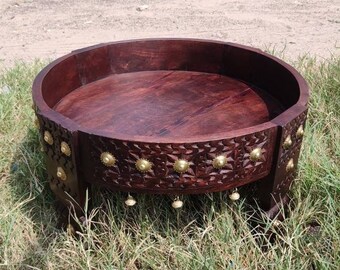 Carved Indian Chakki Table, Brass Detail, Wooden Low Table