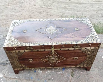 Brass Work Wooden Trunk Box - Natural Finish Storage Chest