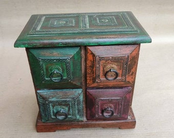 Distressed Wooden Jewelry Box with Metalwork, Indian Chest of Drawers