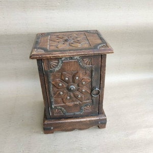 wooden small cabinet with carving and natural finished/ home decor/storage box/gift article/wooden box/carved box/wooden cabinet/table decor