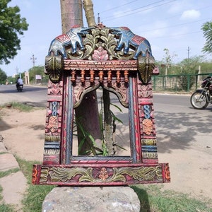 Hand carved painted wooden elephant design jharokha/ mirror frame/photo frame/ wood mirror frame/wood photo frame/ethnic Jharokha/wood frame