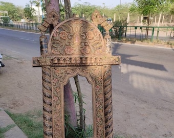 Marco de madera tallada Jharokha con pájaros, adorno de pared vintage envejecido