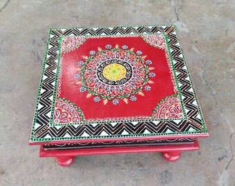 Handmade Painted Mango Wood Chowki Table, Indian Decor (30x30x15 cm)