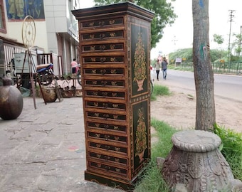 Handbemalte Holzkommode, Vintage indischer Aufbewahrungsschrank